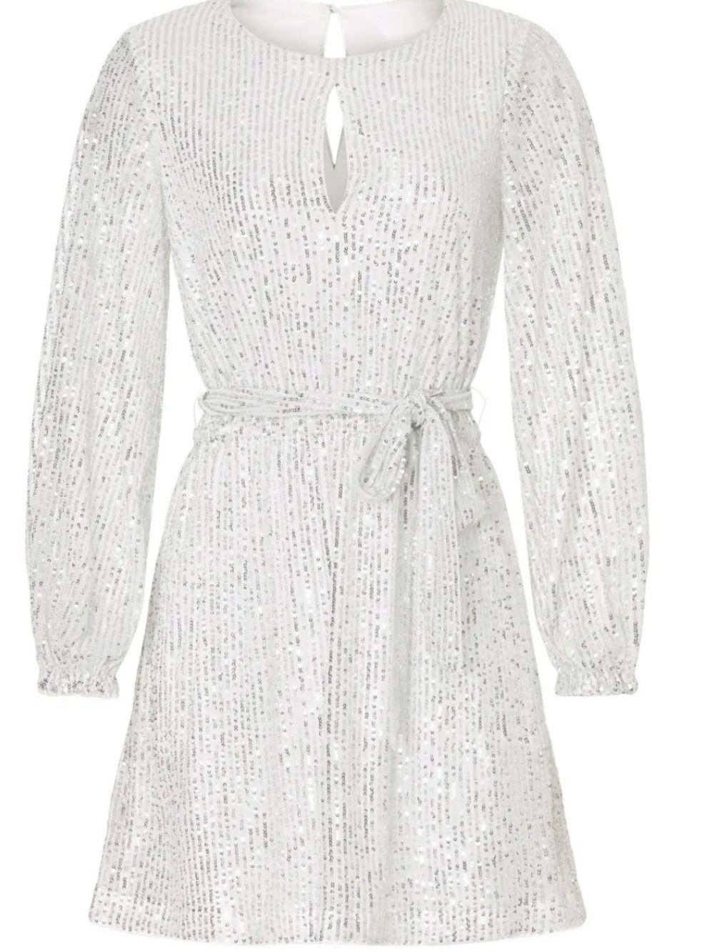 Women's White Sequin Long Sleeve Tie-Waist Mini Dress